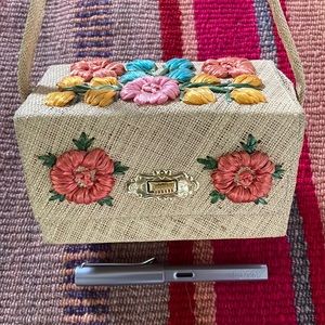Mini straw flowered embroidered evening bag purse